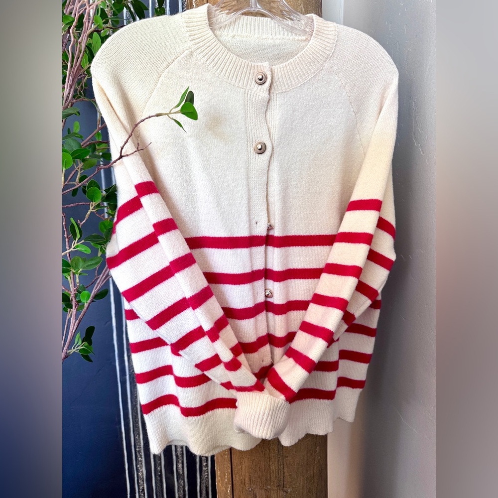 NWOT Cream and Red Striped Cardigan Sweater